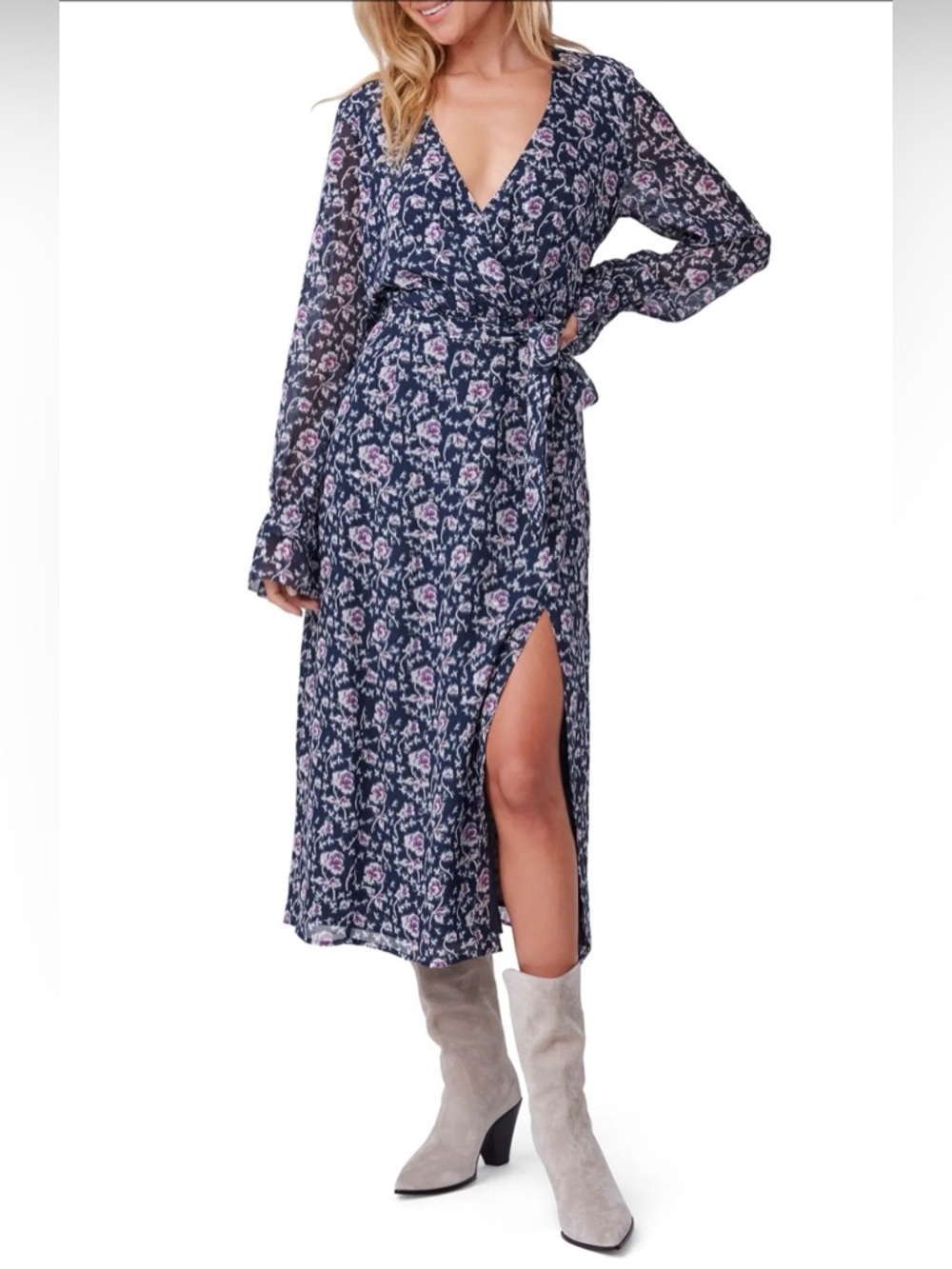Paige Chamomile Blue Wrap Midi Long Sleeve Shimmer silk Dress Size L Floral